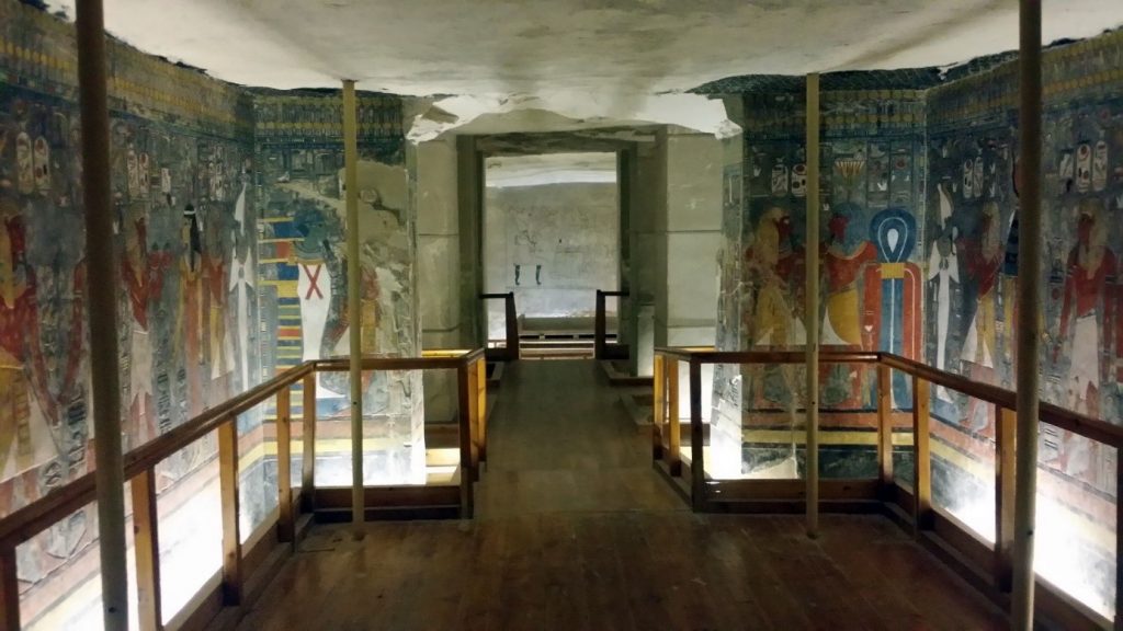 Inside of the Pyramid from Giza. Some of the paintings are unfinished as the pharaoh died at a young age and was not possible to finish. After his death the pyramid was sealed.